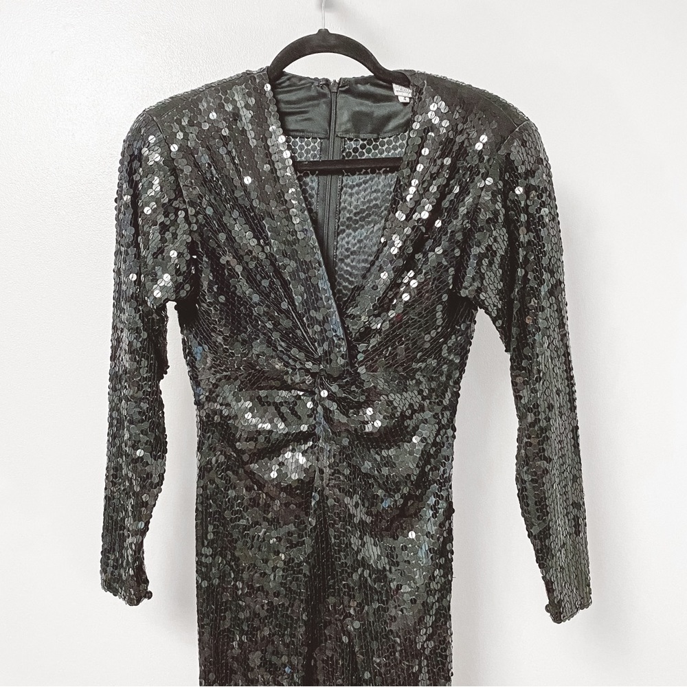 Vintage Oleg Cassini Sequins Knot Front Long Sleeve Cocktail Party Dress Black‎ - Picture 4 of 8